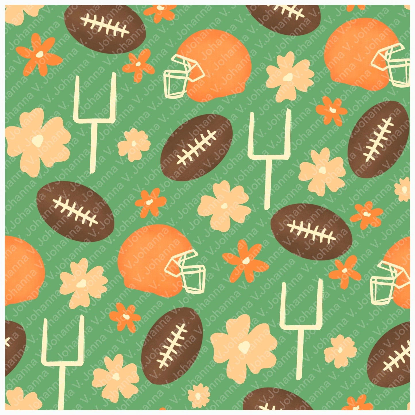Football Season Green Seamless Pattern – Floral Game Day Football & Helmet Design