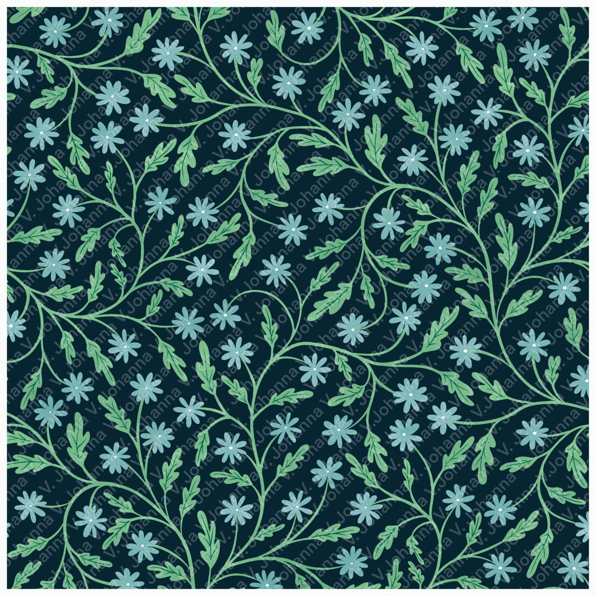 Midnight Blue Wildflower Vine Seamless Pattern – Moody Blue Botanical Floral Design