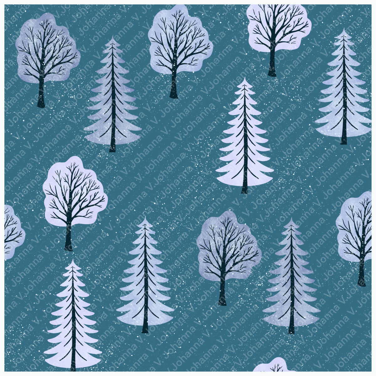Forest Light Seamless Pattern – Snowy Winter Trees in Icy Blue & Lavender