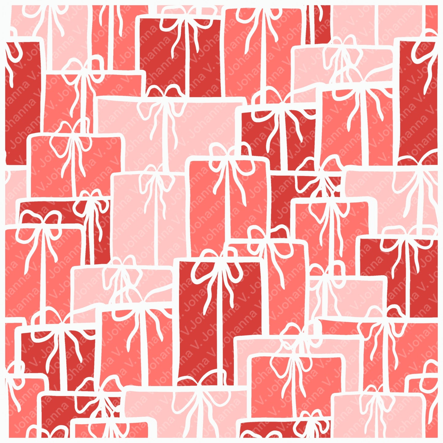Christmas Presents Seamless Pattern – Red & Pink Gift Boxes with Hand-Drawn White Bows