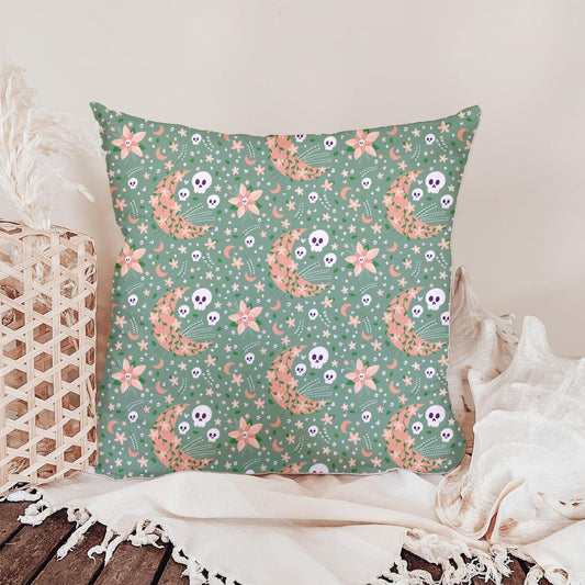 Floral Crescent Moons and Skulls on Sage Green | Whimsical Halloween Seamless Pattern