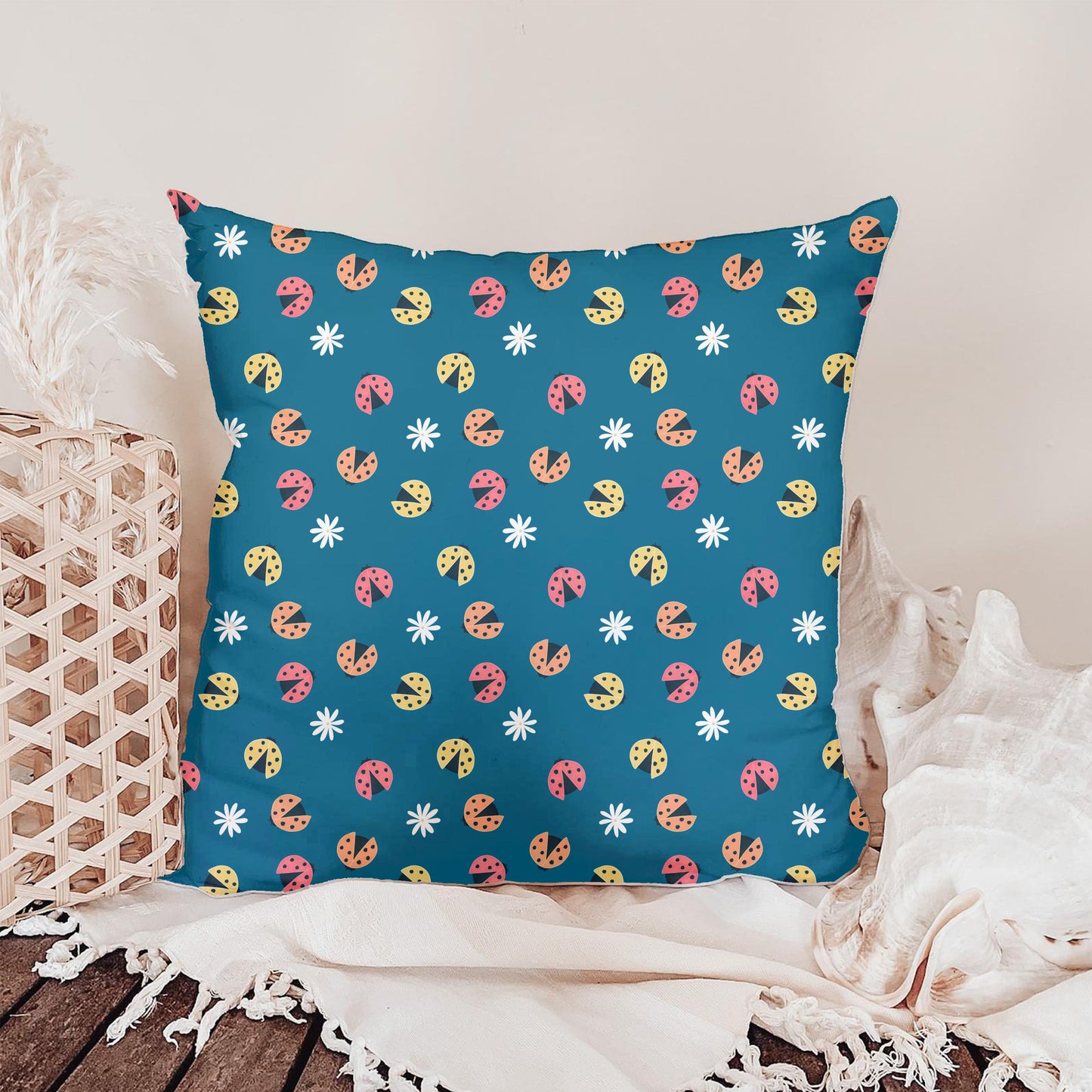 Seamless Ladybug Pattern PNG, Blue Cute Floral Bug Digital Paper 12x12, Whimsical Nature Surface Pattern for Fabric, Packaging, Kids Design, Commercial Use