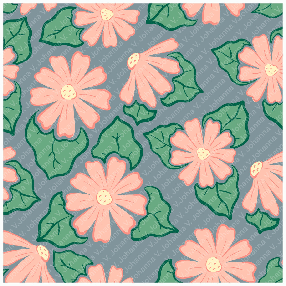 Pink Wildflower Seamless Pattern – Coral Flowers Green Leaves on Dusty Blue