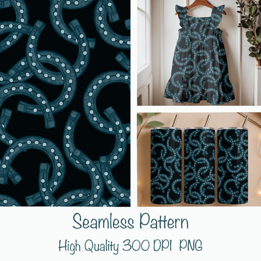 Dark Western Horseshoe Seamless Pattern – Teal Horseshoes on Black | Bold Western Surface Design | Commercial Use