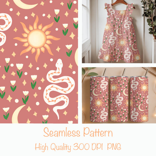Celestial Serpent Garden Seamless Pattern – Boho Sun, Moon & Snake Print in Dusty Rose | Commercial Use Surface Design