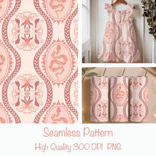 Desert Serpent Seamless Pattern – Boho Snake & Ornamental Print in Blush Pink | Commercial Use Surface Design
