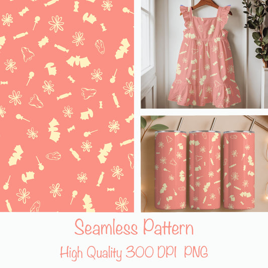 Halloween Candy Toss Seamless Pattern – Cute Spooky Treats Design (Peach Edition)