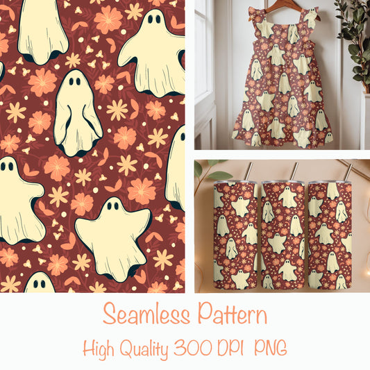 Floral Ghost Seamless Pattern – Cute Spooky Ghosts with Flowers (Burnt Autumn Edition)