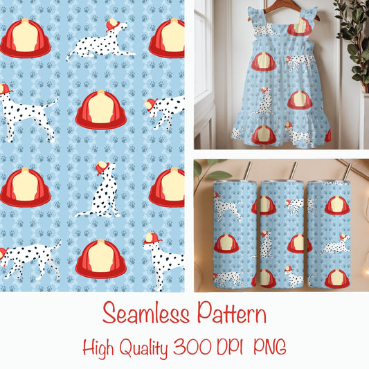Firehouse Dalmatian Seamless Pattern – Playful Dog & Fire Hat Print in Light Blue | Commercial Use Surface Design
