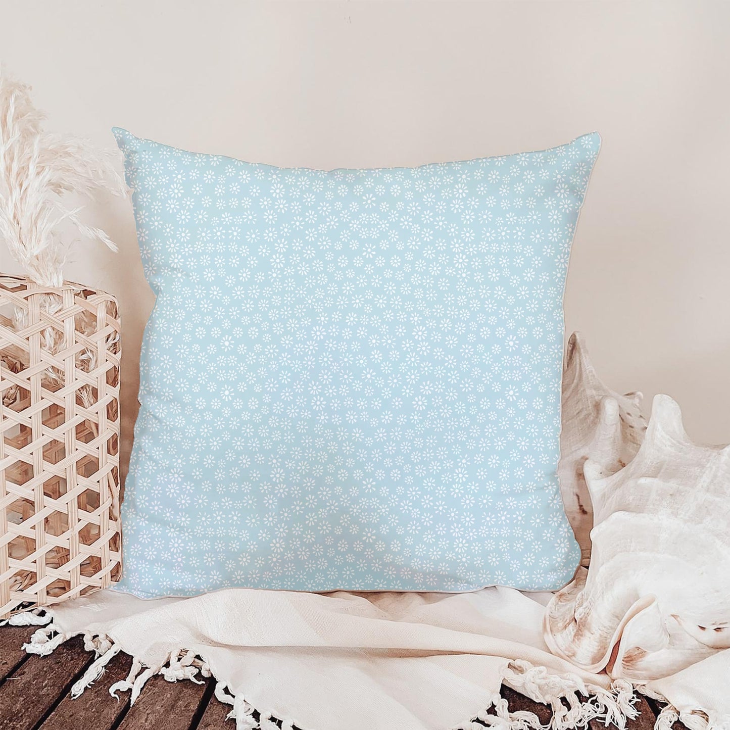 Light Blue Ditsy Daisy Seamless Pattern – Tiny White Floral Background