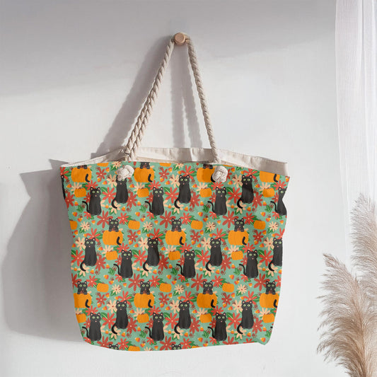 Black Cats Pumpkins and Autumn Flowers | Halloween Seamless Pattern