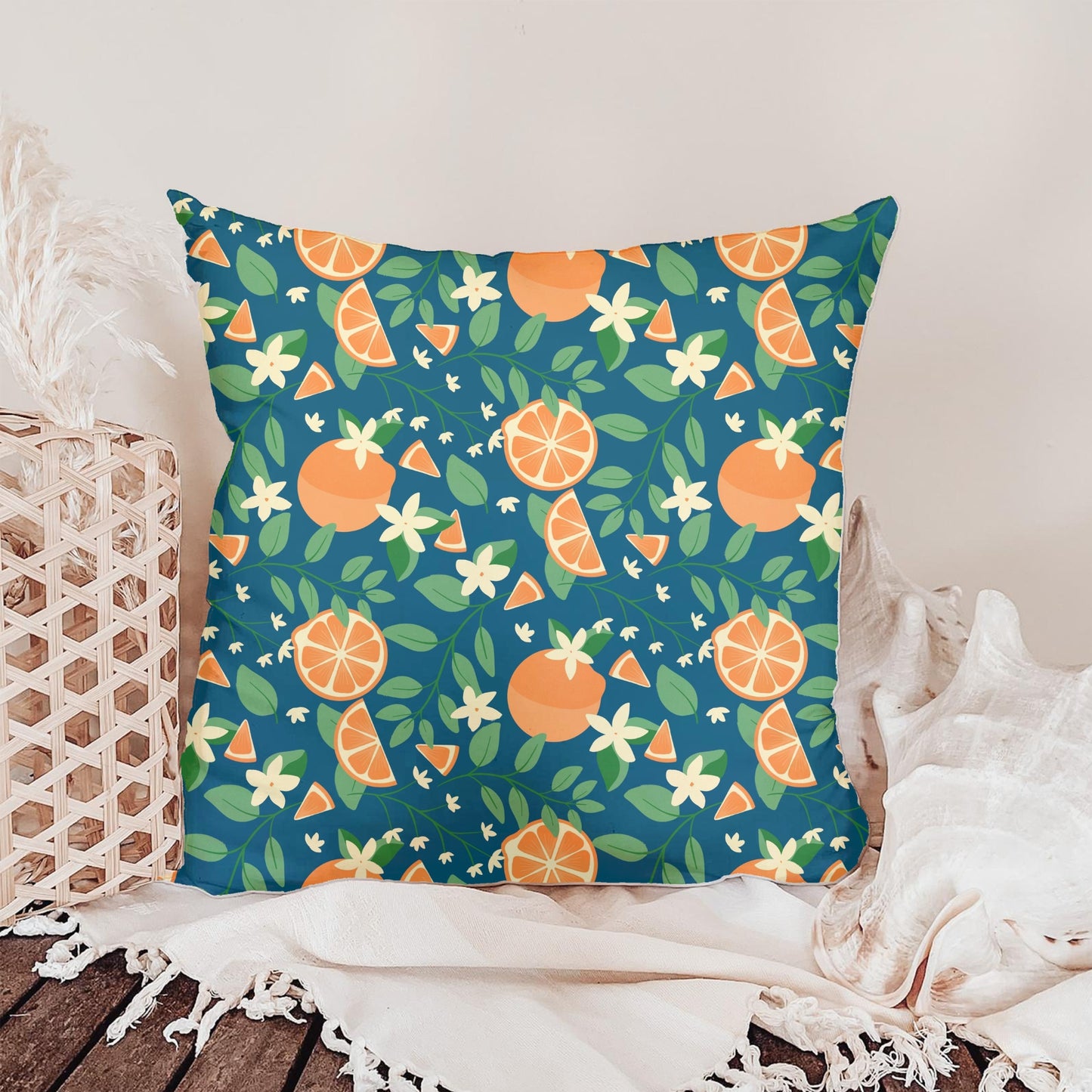 Orange Blossom Seamless Pattern – Citrus Fruit Flowers & Green Leaves on Deep Blue