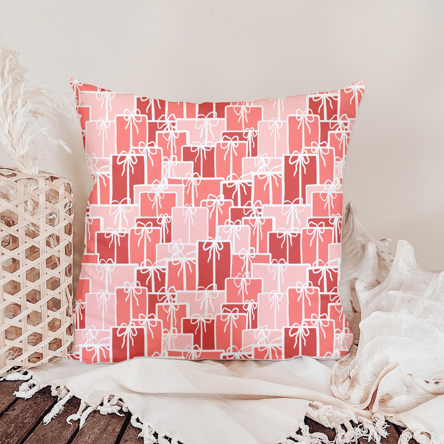 Christmas Presents Seamless Pattern – Red & Pink Gift Boxes with Hand-Drawn White Bows