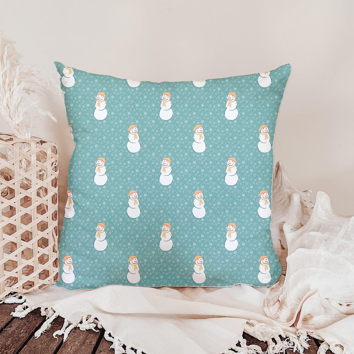 Orange Snowman Winter Seamless Pattern – Teal Snowflake Christmas Design