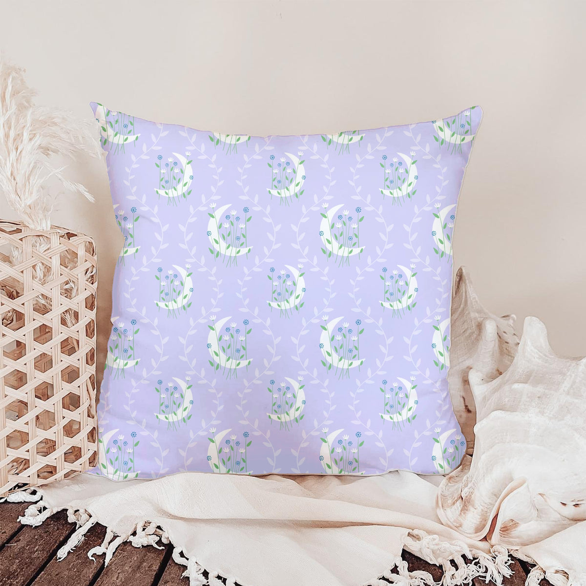 Botanical Crescent Moon Seamless Pattern – Lavender Celestial Wildflower Design