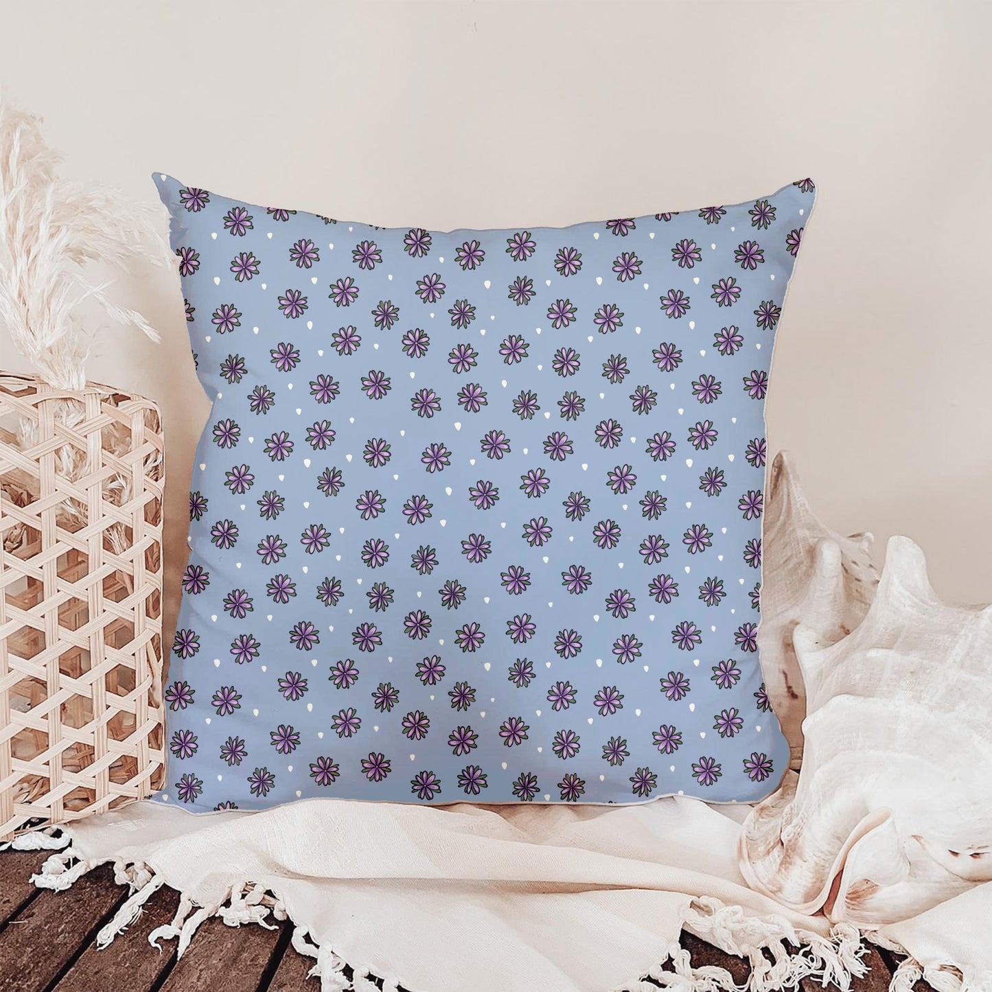 Purple Doodle Flower Seamless Pattern – Whimsical Floral on Dusty Blue