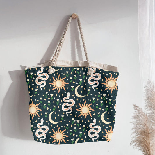 Celestial Serpent Garden Seamless Pattern – Boho Sun, Moon & Snake Print in Midnight Teal | Commercial Use Surface Design