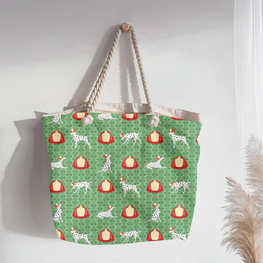 Firehouse Dalmatian Seamless Pattern – Playful Dog & Fire Hat Print in Green | Commercial Use Surface Design