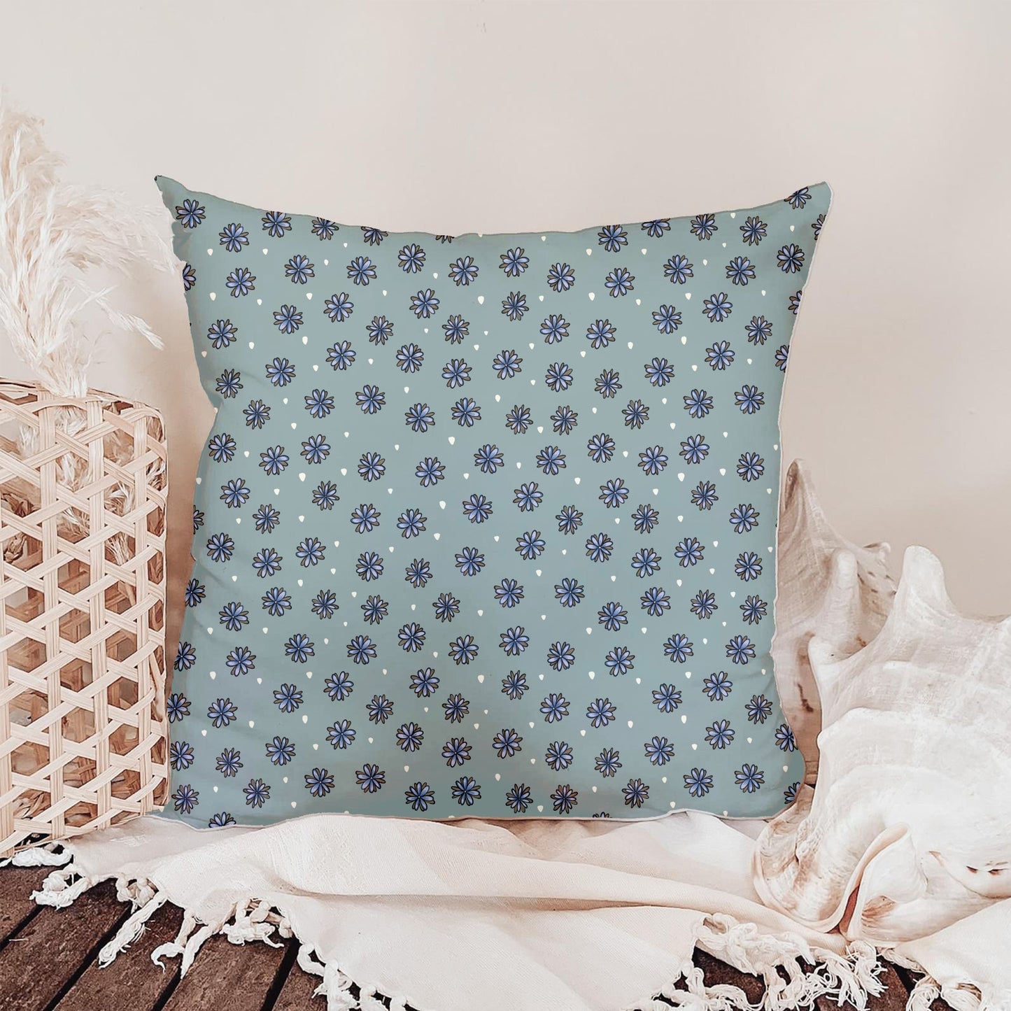 Blue Doodle Flower Seamless Pattern – Whimsical Floral on Muted Sage Green
