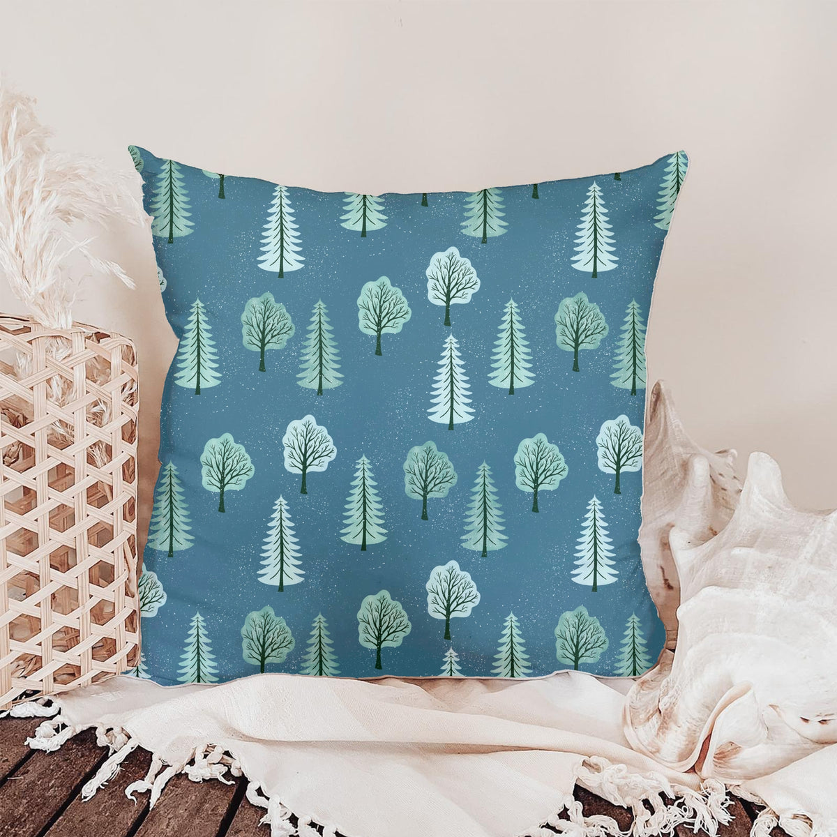 Quiet Winter Woods Seamless Pattern – Snowy Evergreen Forest in Blue & Mint