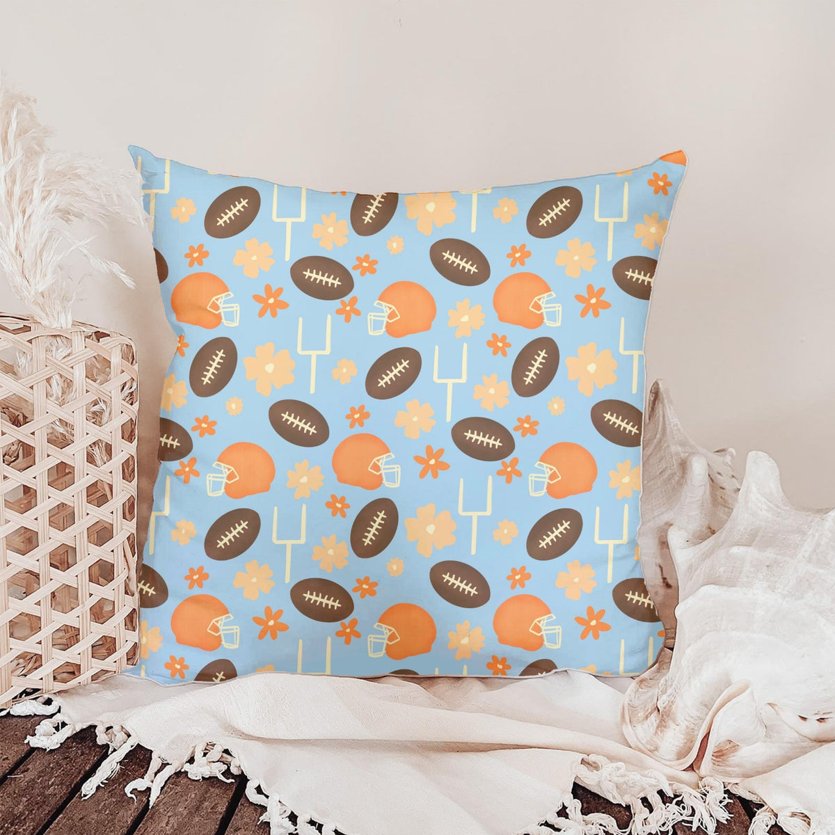 Football Season Light Blue Seamless Pattern – Floral Game Day Football & Helmet Design