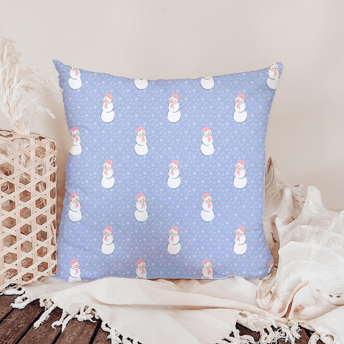 Pink Snowman Winter Seamless Pattern – Whimsical Snowflake Christmas Design