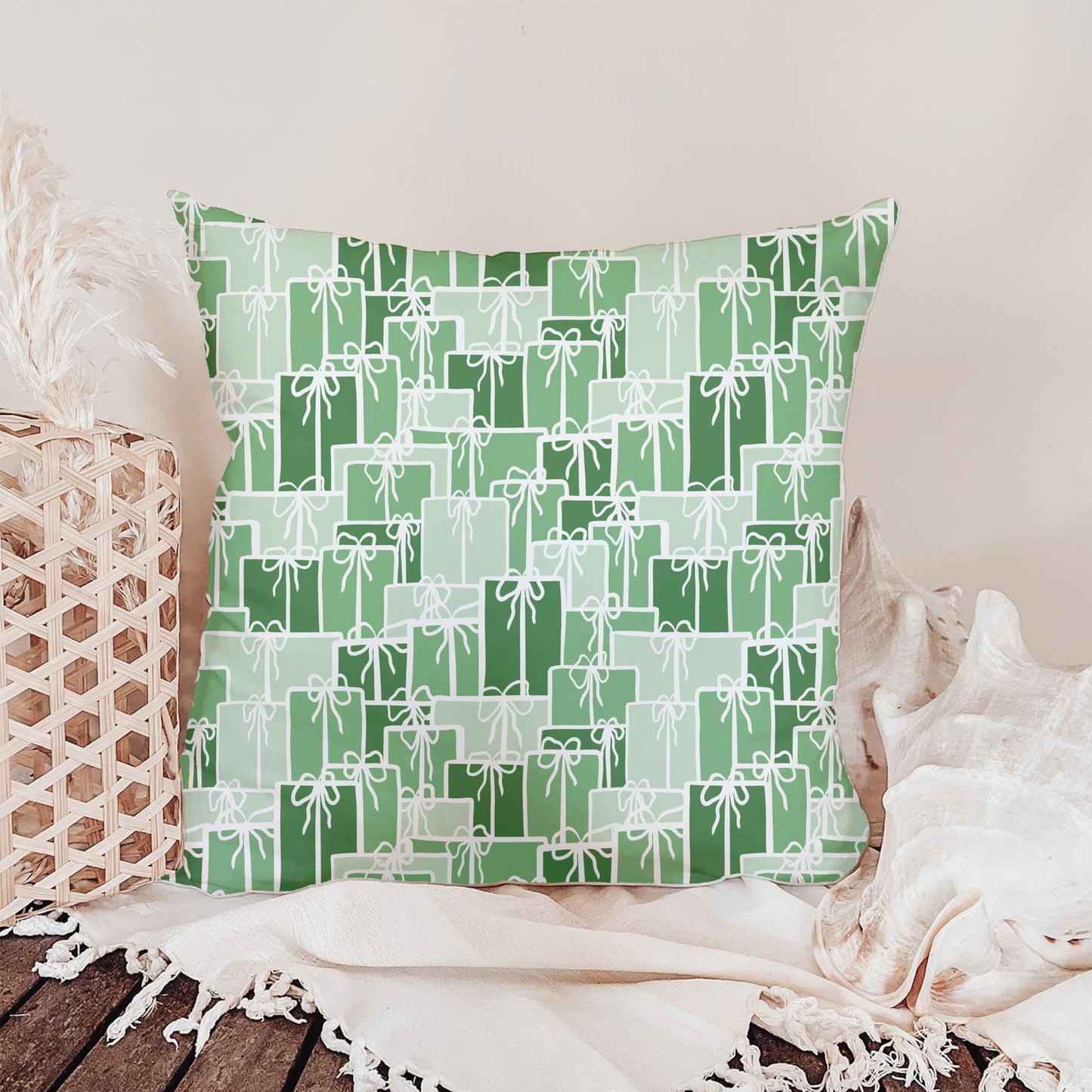 Christmas Presents Seamless Pattern – Green Gift Boxes with Hand-Drawn White Bows