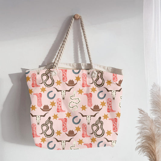 Blush Western Seamless Pattern – Cowgirl Boots, Snakes & Longhorn Print in Soft Pink | Commercial Use Surface Design