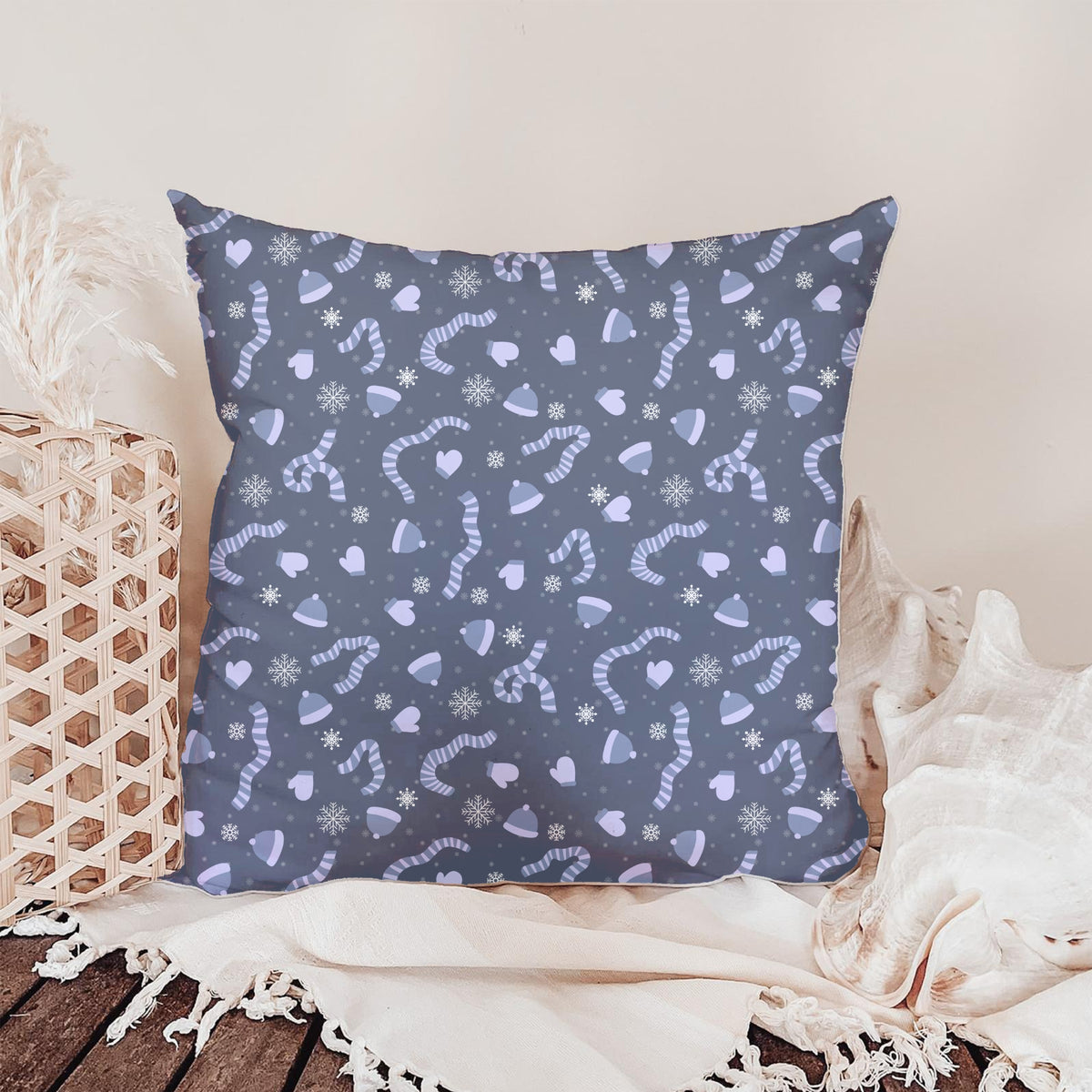 Purple Winter Accessories Seamless Pattern – Hats Scarves Mittens & Snowflakes