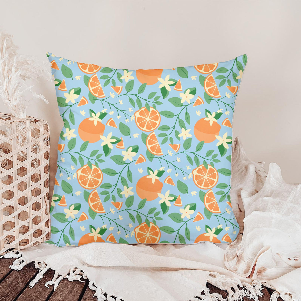 Orange Blossom Seamless Pattern – Citrus Fruit Flowers & Green Leaves on Light Blue