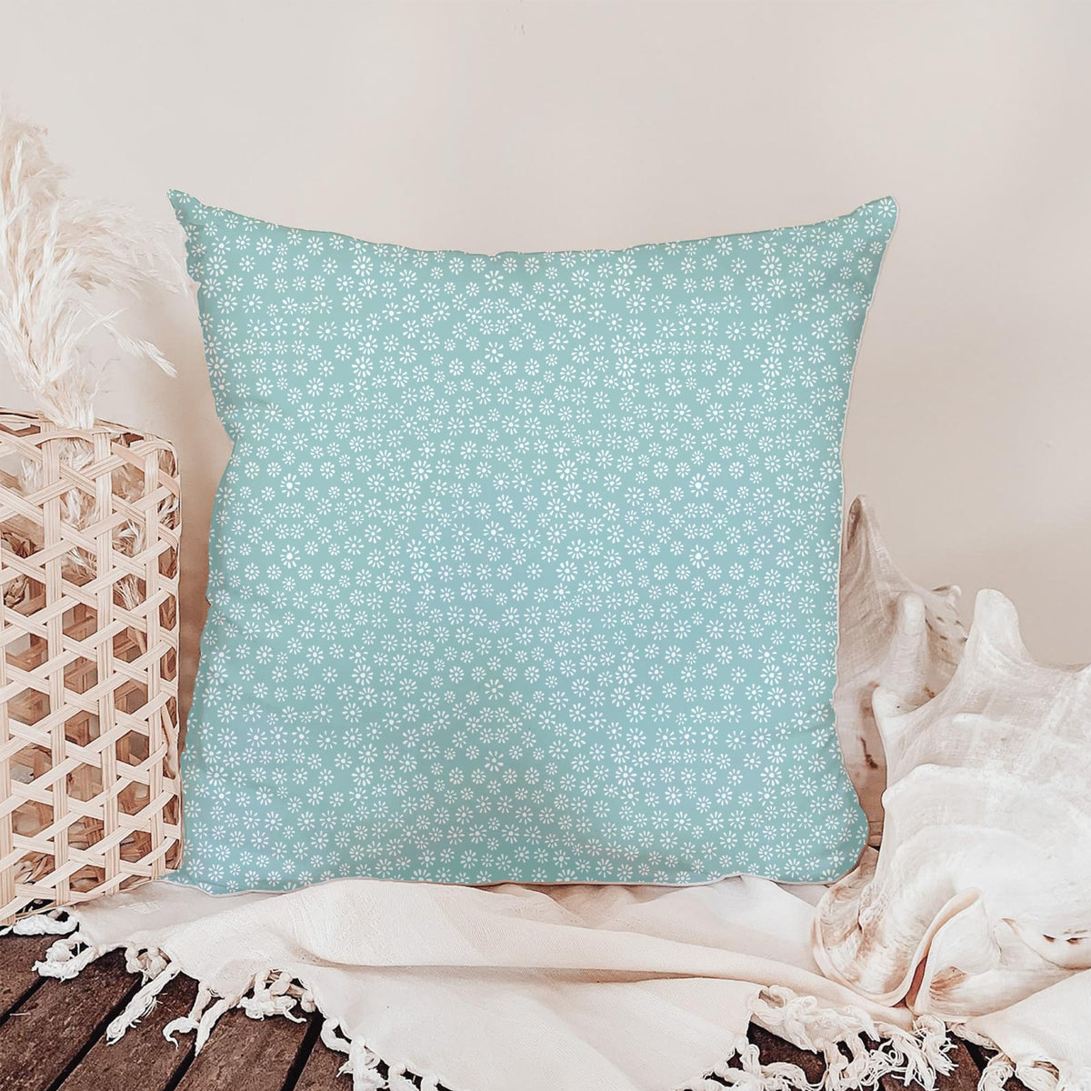 Sage Green Ditsy Daisy Seamless Pattern – Tiny White Floral Background