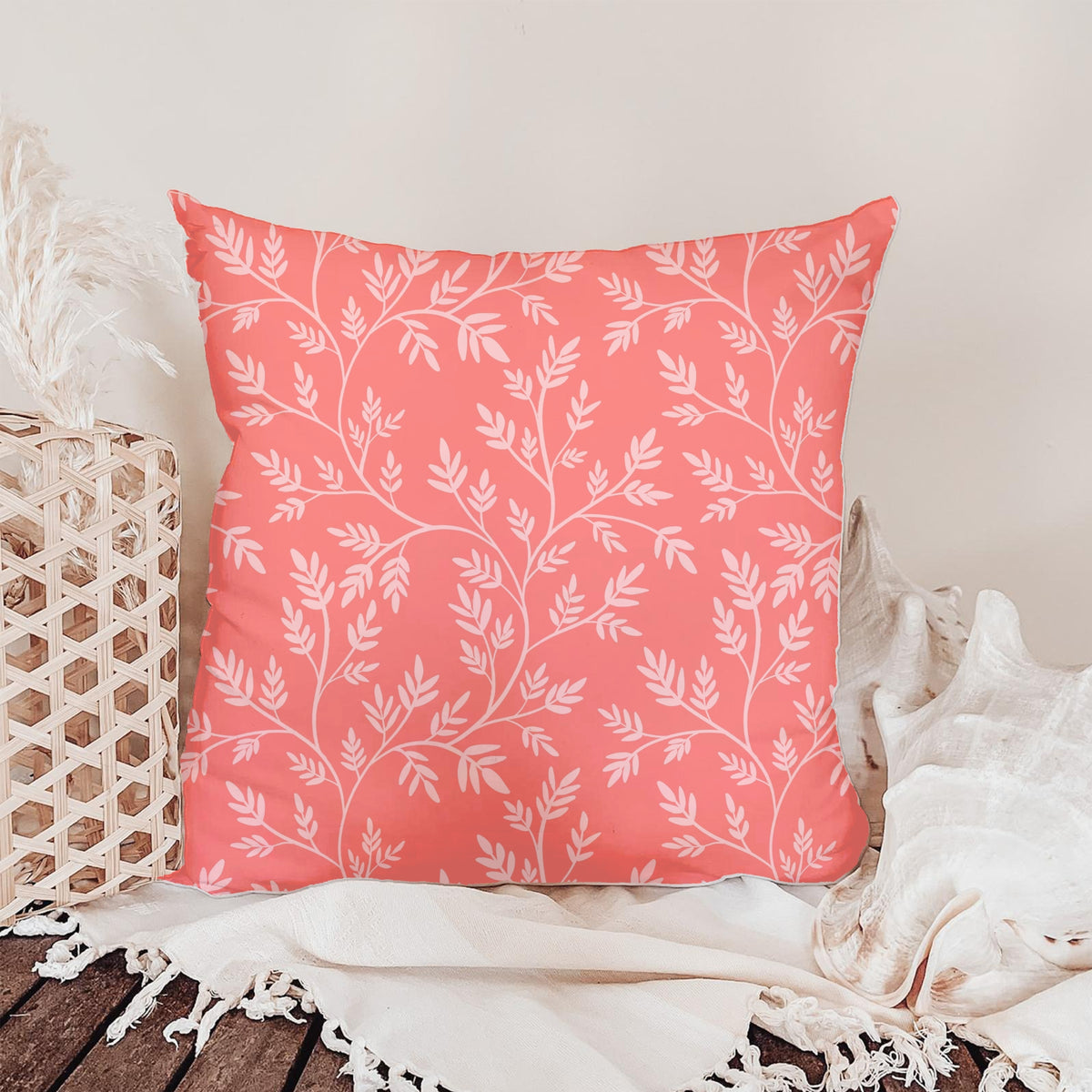 Coral Botanical Seamless Pattern – Blush Pink Leafy Branches Minimal Floral