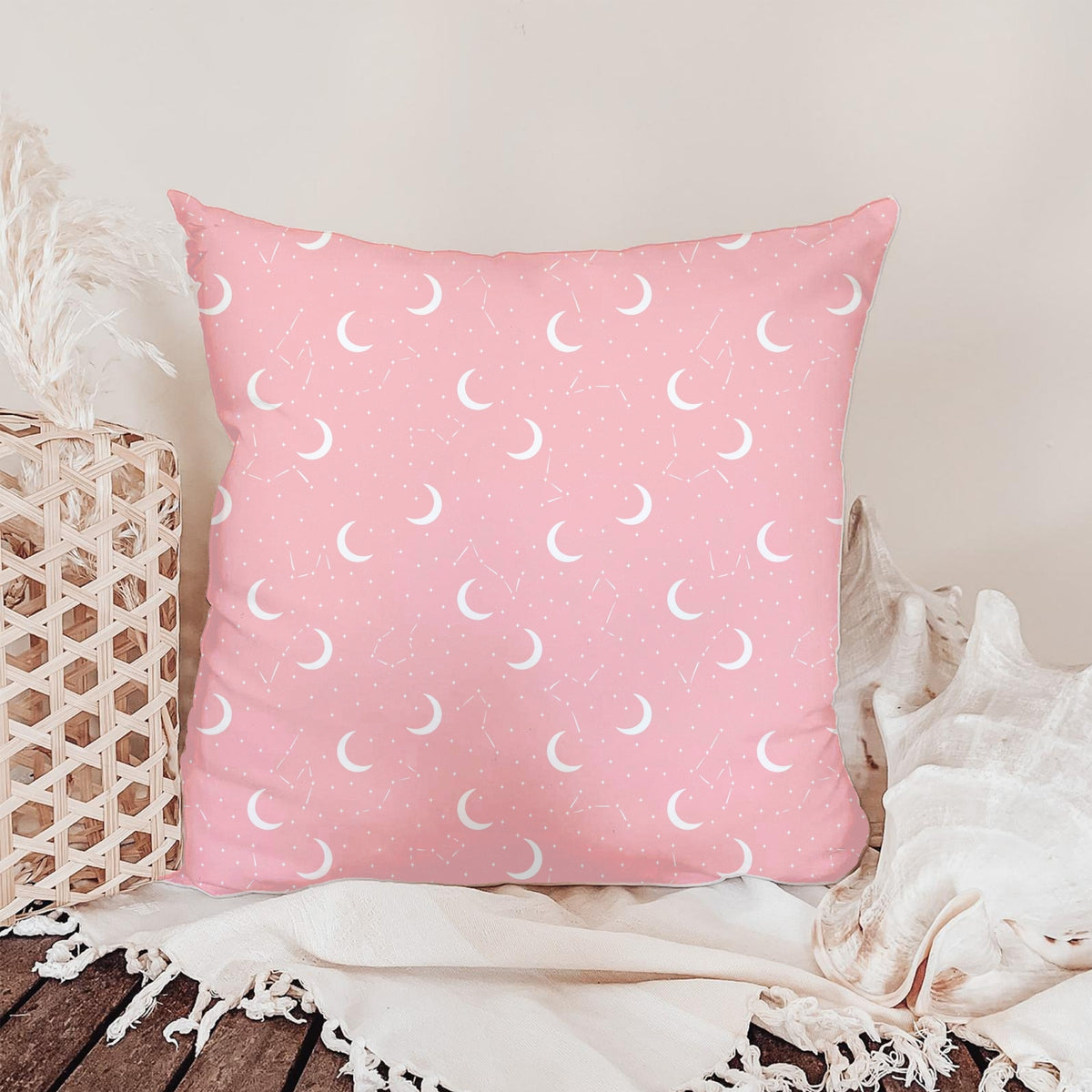 Pink Celestial Moon Seamless Pattern – Crescent Moons, Stars & Constellations