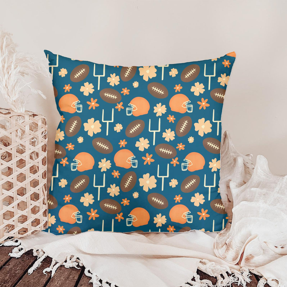 Floral Football Seamless Pattern – Blue & Orange Game Day Sports Design