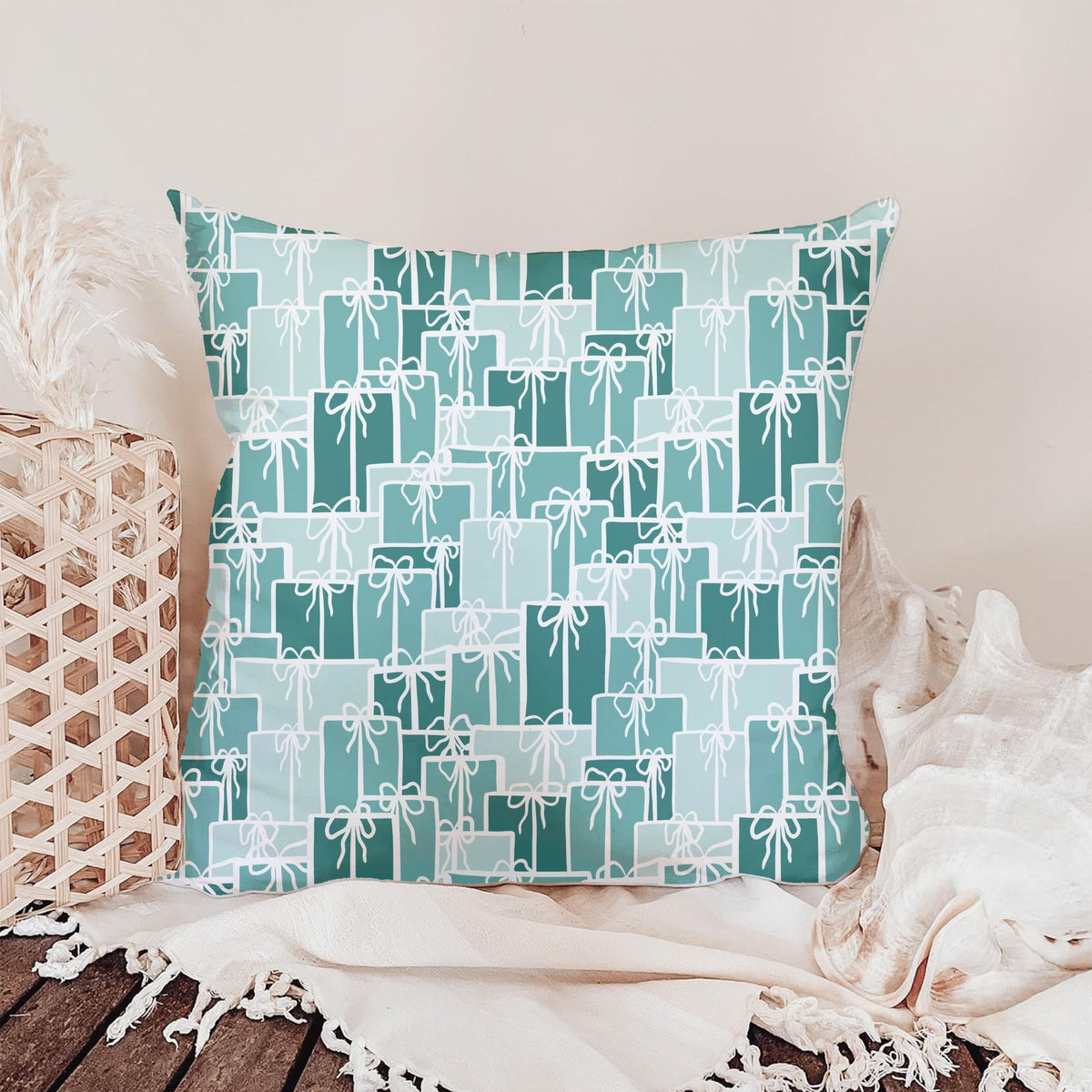 Christmas Presents Seamless Pattern – Teal & Aqua Gift Boxes with Hand-Drawn Bows