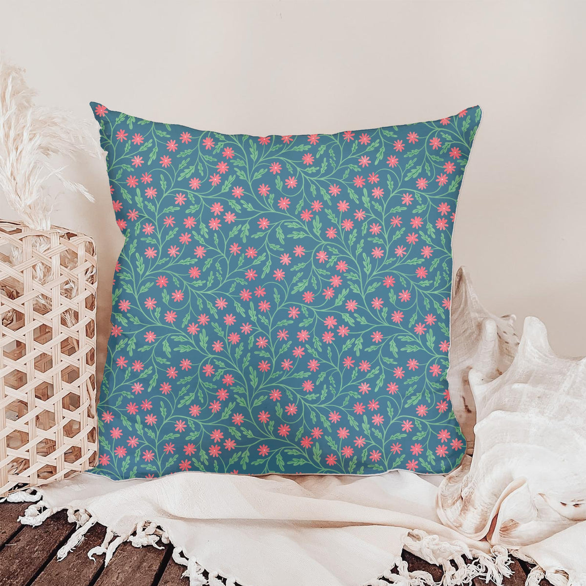 Blooming Florals Seamless Pattern – Blue & Pink Whimsical Botanical Flower Design