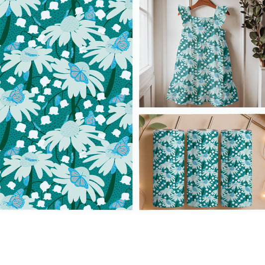 White Daisies Butterflies and Lily of the Valley | Floral Seamless Pattern