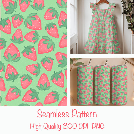 Seamless Strawberry Pattern PNG, Green Hand Drawn Fruit Digital Paper 12x12, Cute Watercolor Style Surface Pattern for Fabric, Packaging, Commercial Use