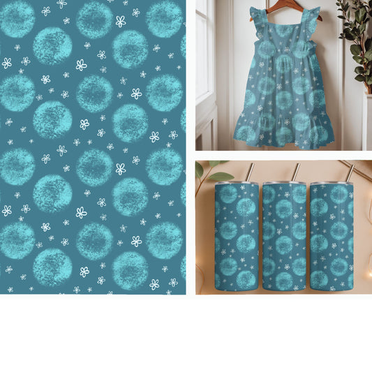 Blue Textured Polka Dots with Tiny White Flowers Seamless Pattern