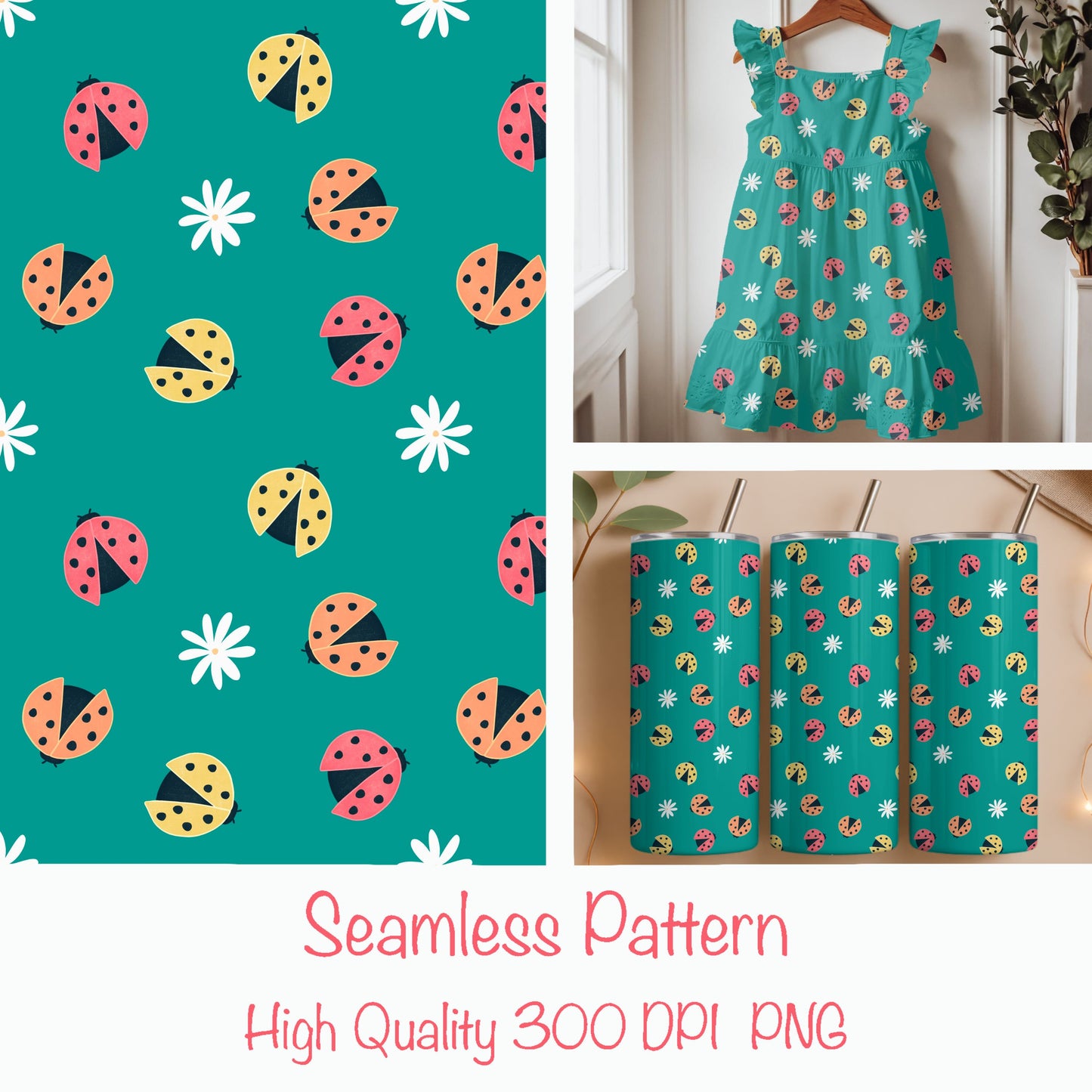 Seamless Ladybug Pattern PNG, Teal Cute Floral Bug Digital Paper 12x12, Whimsical Nature Surface Pattern for Fabric, Packaging, Kids Design, Commercial Use