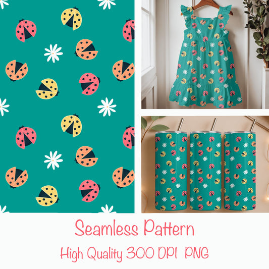 Seamless Ladybug Pattern PNG, Teal Cute Floral Bug Digital Paper 12x12, Whimsical Nature Surface Pattern for Fabric, Packaging, Kids Design, Commercial Use