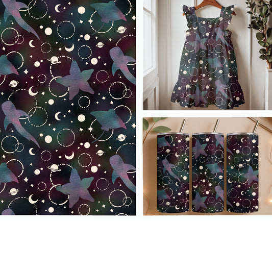 Celestial Sea Creatures and Planets Seamless Pattern