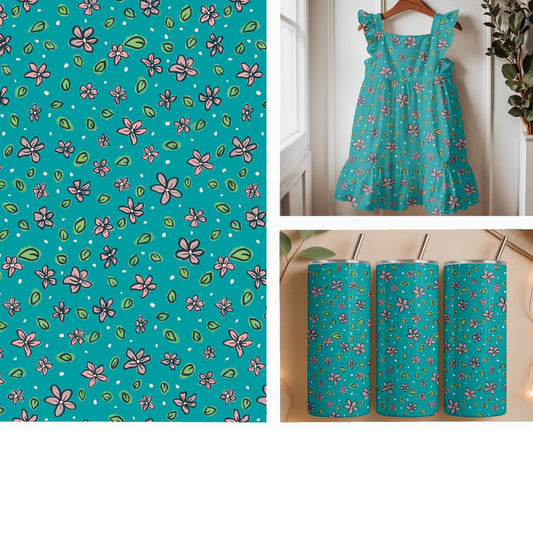 Pink Wildflowers on Teal Seamless Pattern
