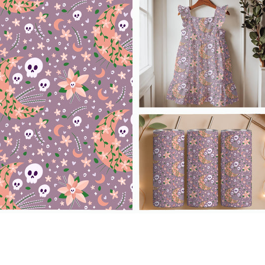 Floral Crescent Moons and Skulls on Lavender | Whimsical Halloween Seamless Pattern