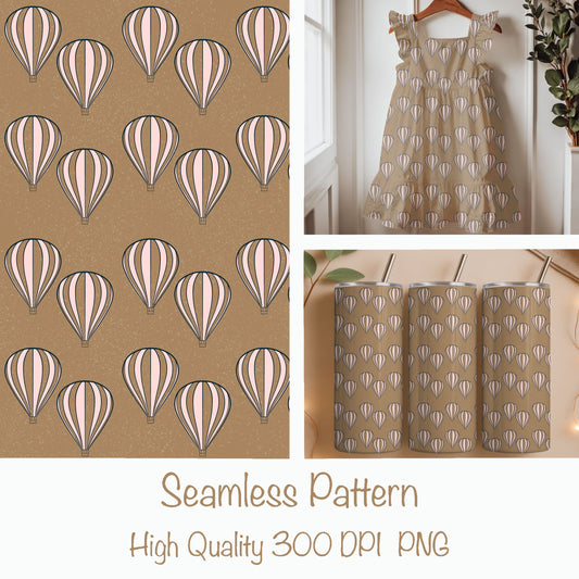 Hot Air Balloon Seamless Pattern PNG, Blush Neutral Balloon Print 12x12, Soft Vintage Sky Design, Retro Travel Pattern, Commercial Use