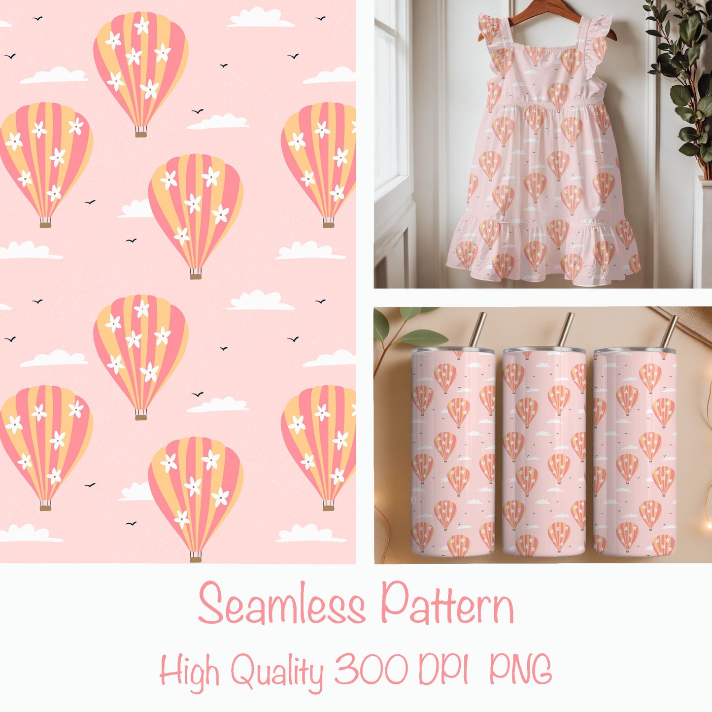 Seamless Hot Air Balloon Pattern PNG, Pink Floral Sky Digital Paper 12x12, Dreamy Cloud Surface Pattern for Nursery, Fabric, Packaging, Commercial Use
