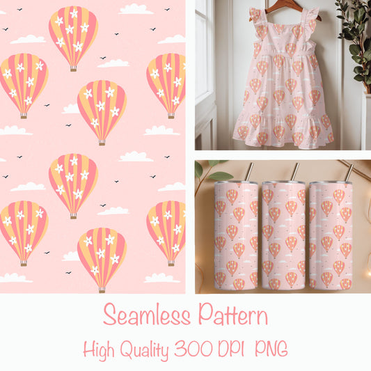Seamless Hot Air Balloon Pattern PNG, Pink Floral Sky Digital Paper 12x12, Dreamy Cloud Surface Pattern for Nursery, Fabric, Packaging, Commercial Use