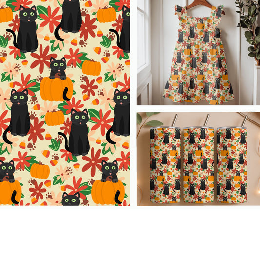 Black Cats Pumpkins and Autumn Flowers on Cream | Halloween Seamless Pattern