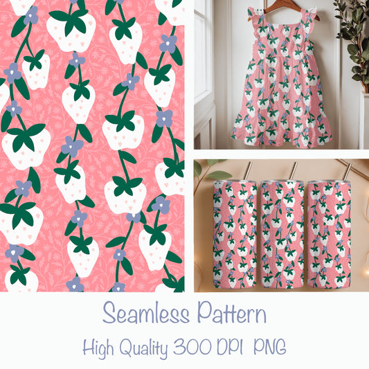 Seamless White Strawberry Pattern PNG, Pink Botanical Floral Digital Paper 12x12, Cottagecore Fruit Surface Pattern for Fabric, Packaging, Commercial Use