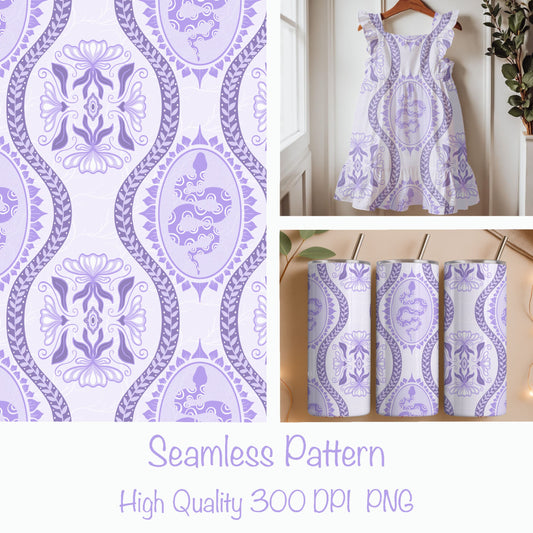 Desert Serpent Seamless Pattern – Boho Snake & Ornamental Print in Soft Lavender | Commercial Use Surface Design